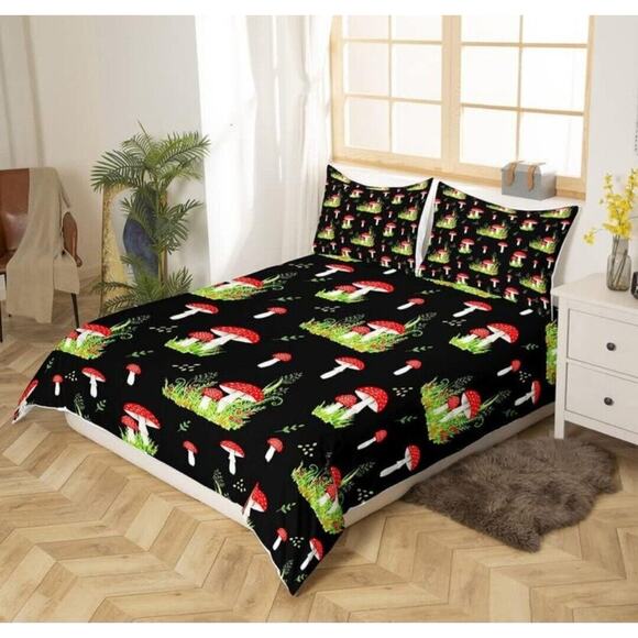 Kawaii Fungus Duvet Cover Cute Mushroom Leaf Bedding Set Black Multi Size Twin - Picture 2 of 4